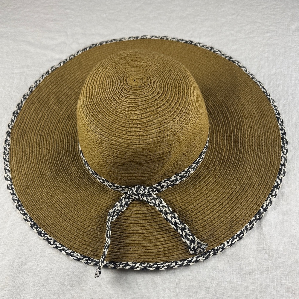 Elegant Brown Wide-Brim Hat with Black and White Trim